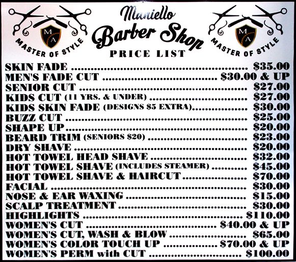 Maniello Barber Shop | Master Of Style | Menu of Services