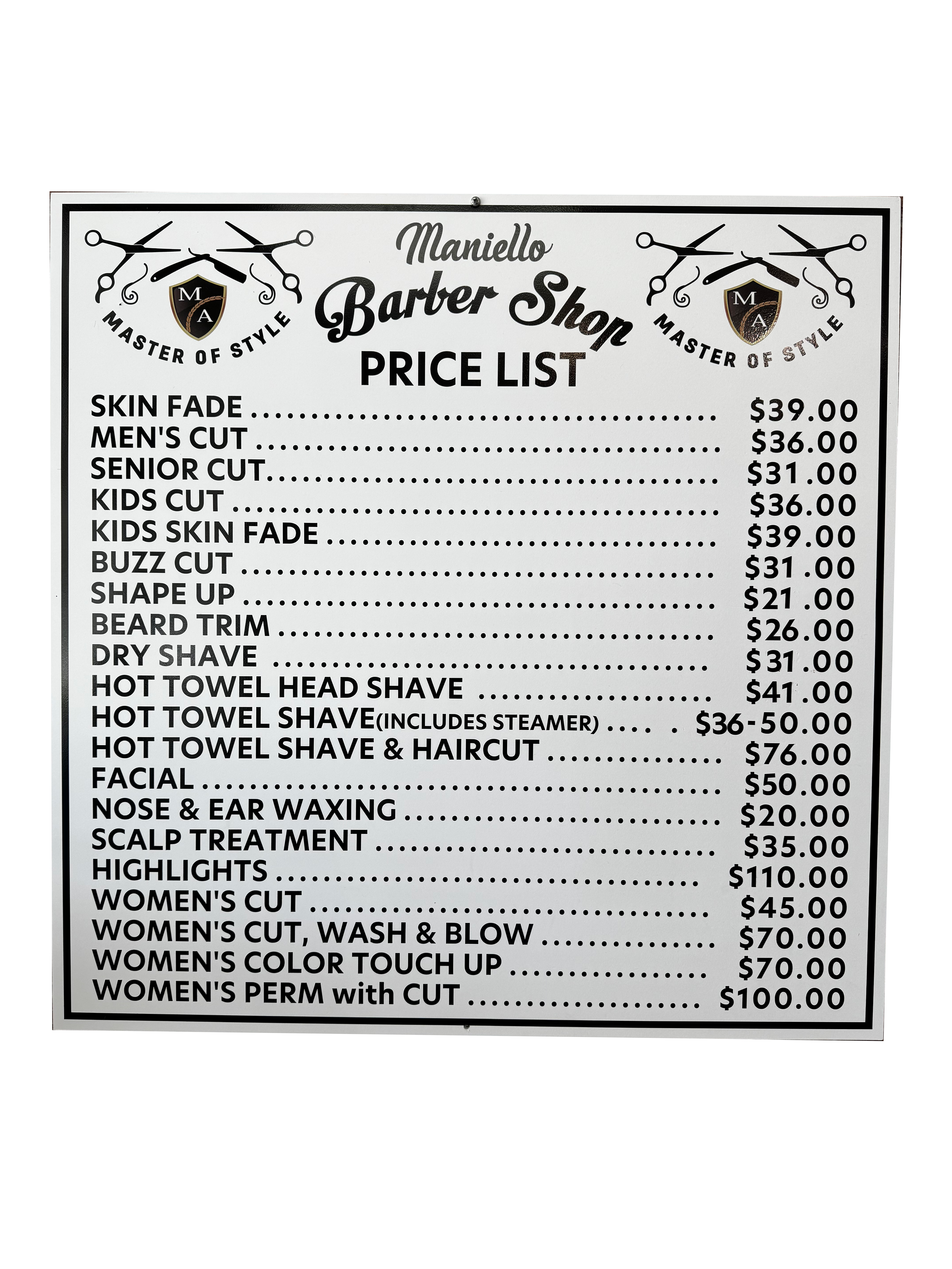 PriceList Maniello Barber Shop | Master Of Style | West Boynton Beach